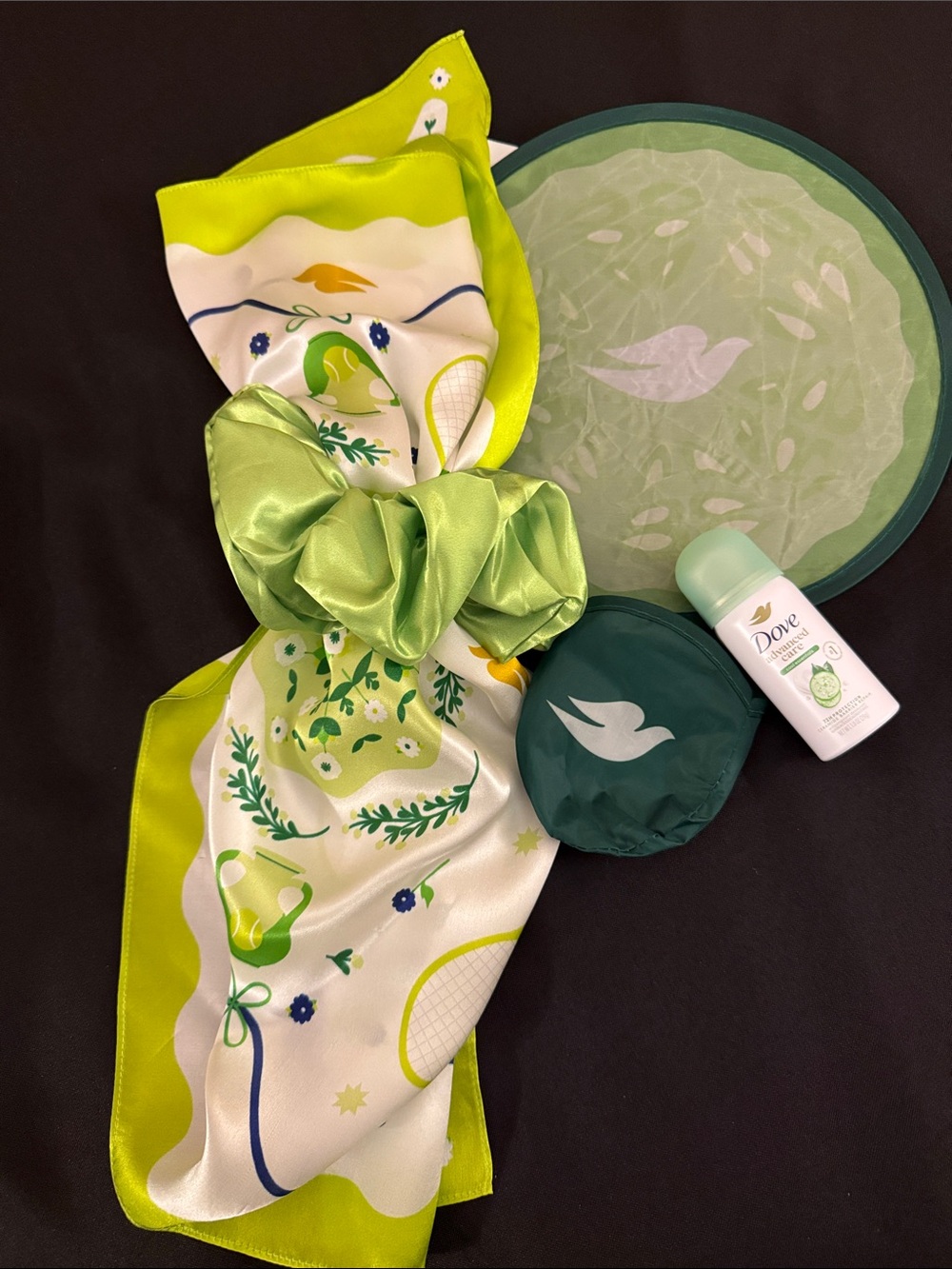 US Open 2026 Silk Scarf - Dove with light green scrunchie, fan and deodorant